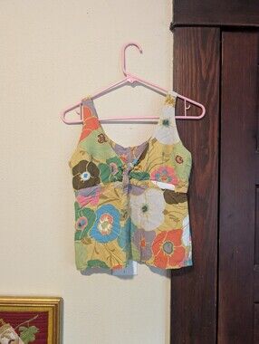 Kahala Hawaiian Tank Top Blouse‎ With Tie Front Floral Retro Y2K Size 4